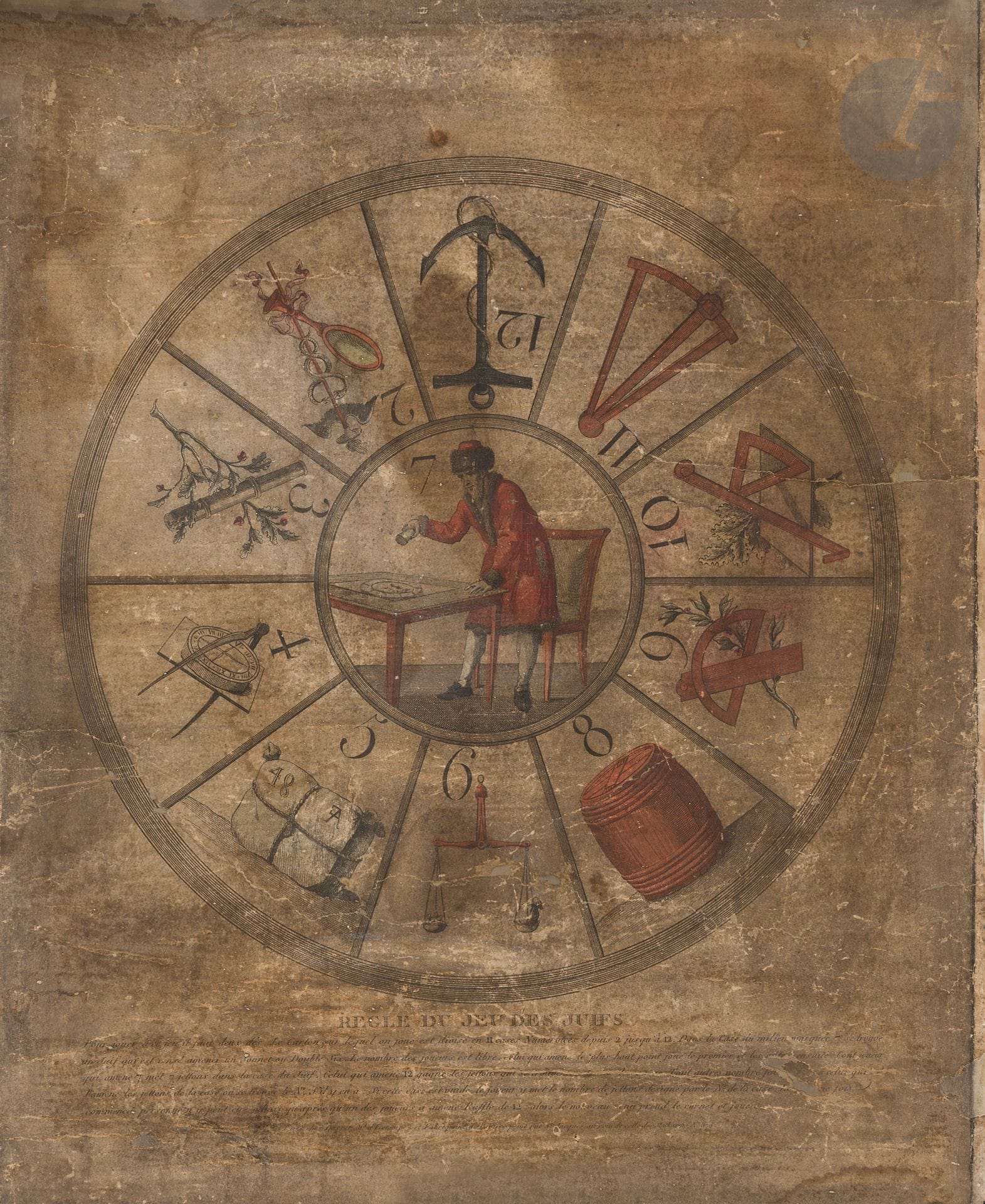 Règle du jeu des juifs.
Gravure.
Paris, Basset, fin du XVIIIe siècle.
Fortement restauré et bruni, manques et plis.
49 x 40 cm
Extrêmement rare. Jeu de dé de forme circulaire avec 10 cases entourant la représentation d’un juif en costume traditionnel d’époque, assis à une table et jouant le même jeu. Très jolie suite de 10 estampes, numérotées formant les casiers du Jeu du Juif, qui devait offrir beaucoup de similitude avec le jeu de l’oie. En dessous du cercle, la règle du jeu.

Bibliographie : 
Un exemplaire de ce jeu figure p. 49 du catalogue : Juifs et citoyens. Exposition. Du 24 octobre au 31 décembre 1989. A.I.U., Paris, 1989. 

Mots clés :
judaïca, juif, juive, hébreux, rabbins, jewish, torah, hebrew, hebraica, judaisme, synagogue, sionisme, pessah, pessach, haggada, haggadah, hagada, hagadah, passover, menora, menorah, hannuka, hannuca, hannoucca, hanouccah, torah, juden, israélite, Israël, antisemitism, antisémitisme, dreyfus, meguila, sepharade, sefarad, ketouba
