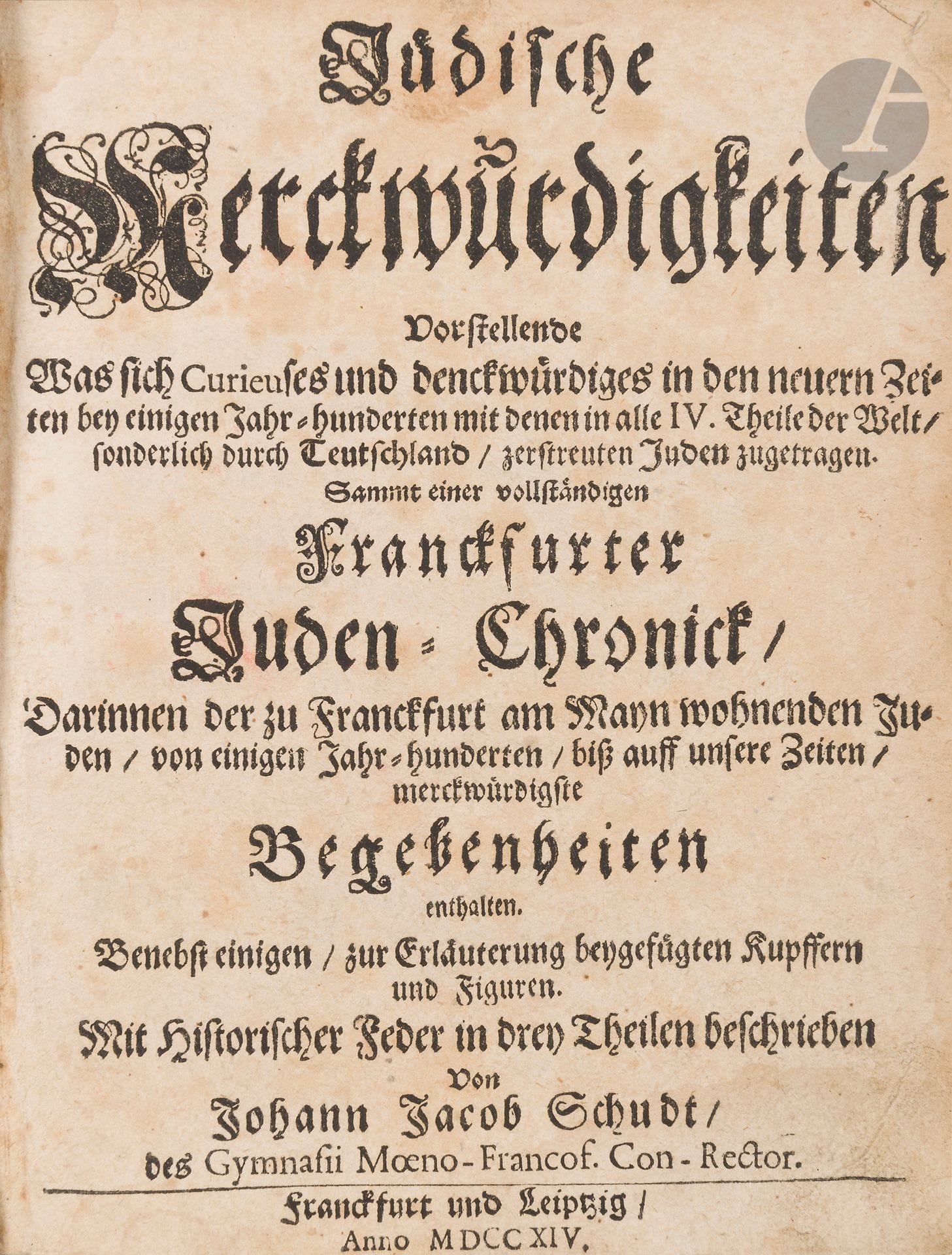 Johann Jacob SCHUDT, 
Jüdischer Merkwürdigkeiten. 
Frankfurt and Leipzig, 1714-1718. 
Fort in-4. First 3 parts out of 4. Binding in used condition.
Despite the author's prejudices, this book remains an important source of information on Jewish life in Germany. It describes especially the life of the Jews of Frankfurt and their customs. Complete with the engraving of the Jew and the sow, which is missing on most copies (Juden-Sau). The image of the Jew sucking the sow's nipples or eating her excrement is the archetypal anti-Semitic representation.
(Book uniformly browned). 

Key words:
judaica, jew, jewish, hebrew, rabbis, jewish, torah, hebrew, hebraica, judaism, synagogue, zionism, pessah, pessach, haggada, haggadah, hagada, hagadah, passover, menora, menorah, hannuka, hannuca, hannucca, hanouccah, torah, juden, israelite, Israel, antisemitism, antisemitism, dreyfus, meguila, sepharad, ketubah







