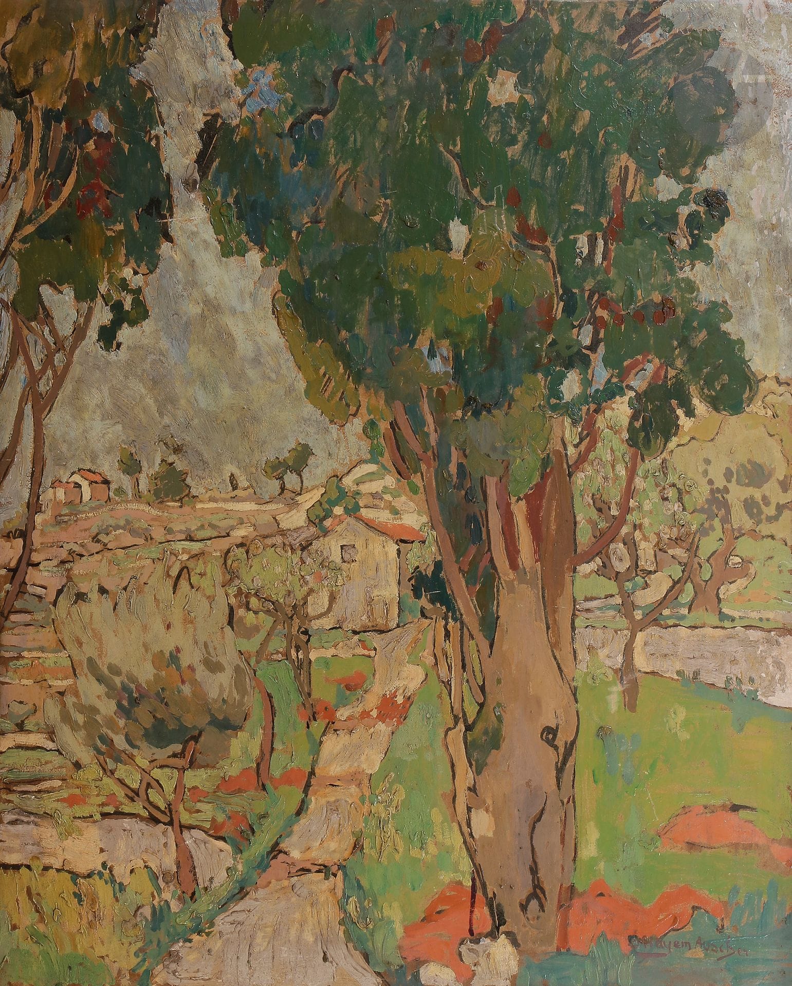 Simone HAYEM-AUSCHER (1895-1932) 
L’entrée au village 
Huile sur carton. 
Signée en bas à droite. 
73 x 59 cm 

Mots clés :
judaïca, juif, juive, hébreux, rabbins, jewish, torah, hebrew, hebraica, judaisme, synagogue, sionisme, pessah, pessach, haggada, haggadah, hagada, hagadah, passover, menora, menorah, hannuka, hannuca, hannoucca, hanouccah, torah, juden, israélite, Israël, antisemitism, antisémitisme, dreyfus, meguila, sepharade, sefarad, ketouba
