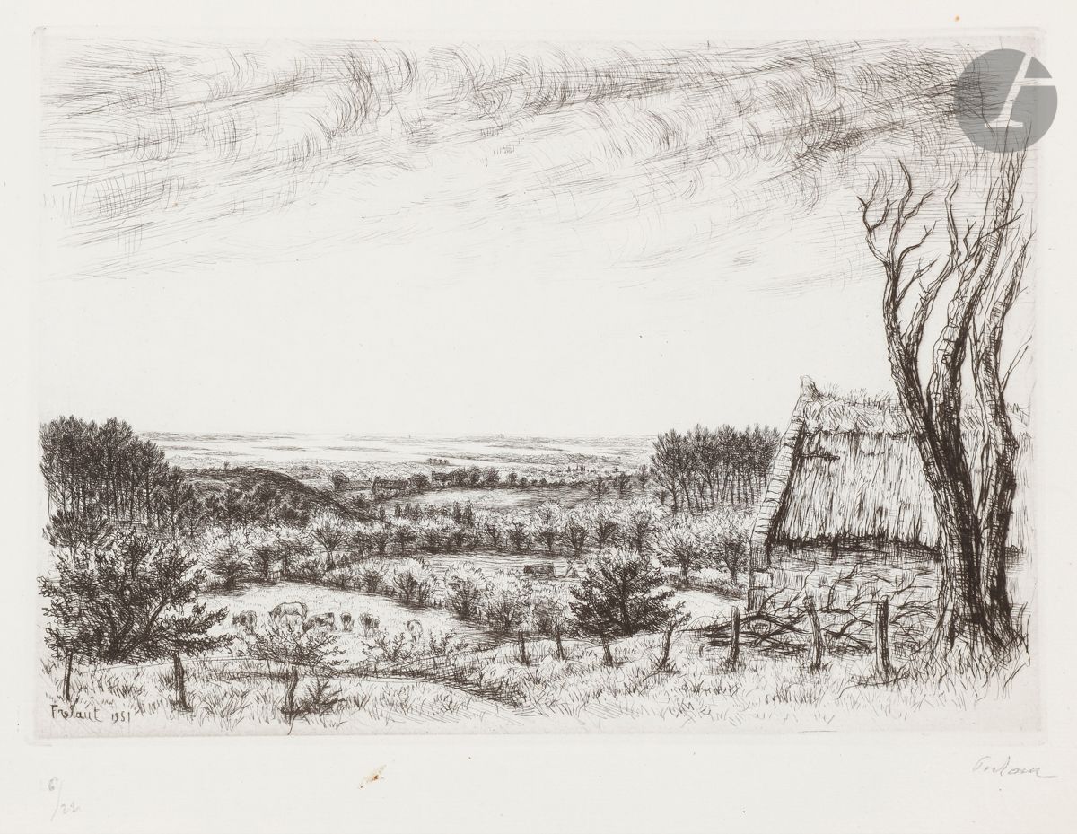 Jean Frélaut (1879-1954) 
Le Golfe vu de Mangolérian. 1951. Eau-forte et pointe sèche. 315 x 215. Frélaut 1299. Très belle épreuve sur vergé, numérotée et signée au crayon. Petite tache rousse en pied. Toutes marges. Tirage à 22 épreuves.