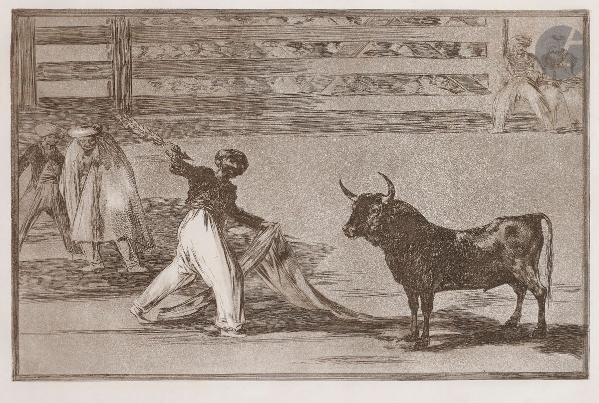 Francisco de Goya y Lucientes (1746-1828) 
Origine des harpons ou banderilles. (La Tauromachie, pl. 7). 1816. Eau-forte, aquatinte et burin. 350 x 245. Delteil 230 ; Harris 210. Très belle épreuve sur vergé blanc souple, du 1er tirage, avant les biseaux (seul tirage du vivant de l’artiste). Très claires rousseurs. Belles marges [412 x 288].