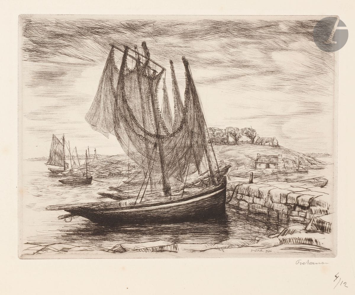 Jean Frélaut (1879-1954) 
Port de Saint-Cado. (Pl. de la série des Ports de Bretagne). 1936. Pointe sèche. 210 x 157. Frélaut 450. Belle épreuve sur vélin blanc, signée et numérotée au crayon. Quelques rare rousseurs claires, essentiellement hors du sujet. Toutes marges. Tirage à 12 épreuves.