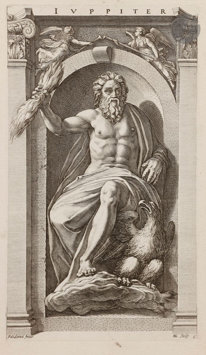 Hendrick Goltzius (1558-1617
)Eight ancient gods 1592. Burin after Polydore by Caravaggio. Each 210 x 352. Bartsch 249-246; New Hollstein 315-322. Complete suite of 8 plates on strong laid paper, in an 18th-century edition addressed to G. Valk, some sizes slightly weakened. Freckles, stains and dampstains to some. Small losses in the lower margin of the 1st. Other small lacks in the lower right corner of the leaf to others. Two old small binding holes in the center of the upper margin. All margins. 
 The subjects are derived from grisaille decorations now lost, made by Polydore de Caravaggio on the facade of a house in the Quirinal in Rome.

