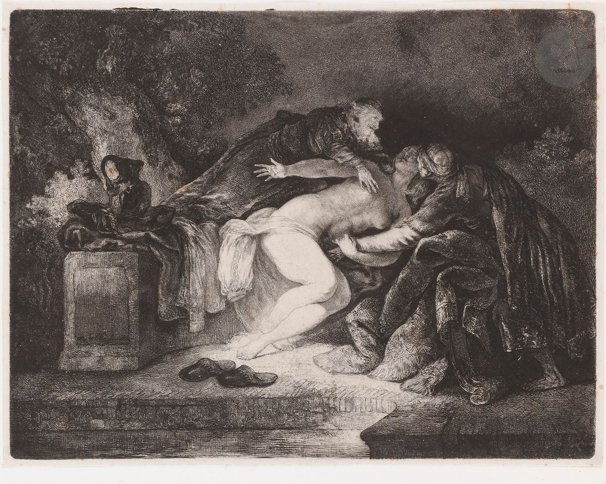 Jean-Pierre Norblin de la Gourdaine (1745-1830) 
La Chaste Suzanne. 1776. Eau-forte. 222 x 170. Hillemacher 3. Très belle épreuve sur chine volant. Rousseurs claires éparses. Petites traces de colle dans les angles au verso. Filets de marges.
