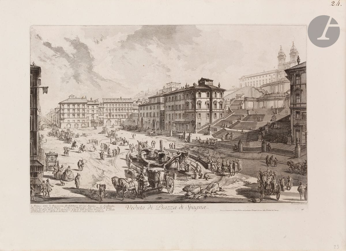 Giambattista Piranesi (1720-1778) 
Veduta di Piazza di Spagna. (Vue de la place d’Espagne). 1750. Eau-forte et burin. 595 x 402 [765 x 540]. Hind 18 (v/viii). Très belle épreuve sur vergé fort, avec les numéros 23 et IV dans la tablette, avant le numéro 23 en haut à droite. Numéro de folio 24 à la plume et à l’encre sépia dans l’angle supérieur droit. Pli vertical médian normal. Très légères rousseurs marginales. Infime manque dans l’angle inférieur droit. Bord gauche irrégulier, légèrement déchiqueté, avec petits trous d’onglets de reliure. Grandes marges. 1er tirage parisien.