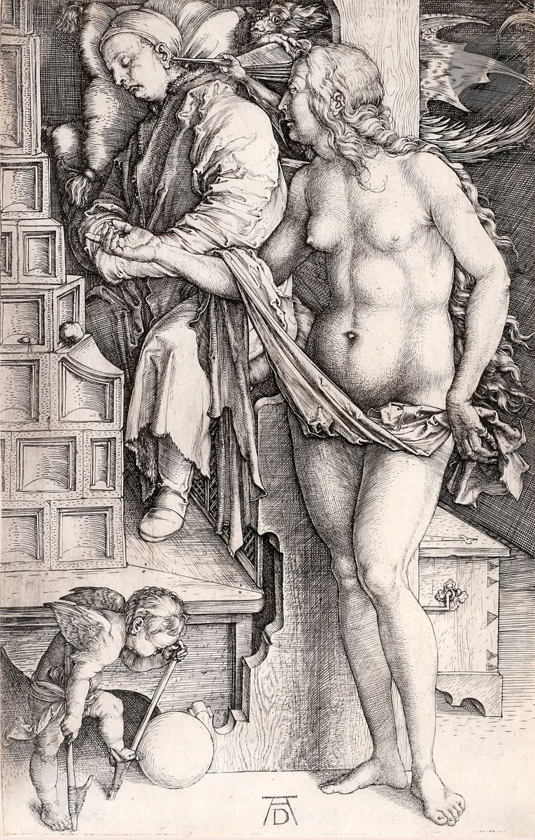 Albrecht Dürer (1471-1528) 
Le Songe du docteur. Vers 1498. Burin. 120 x 190. Bartsch 76 ; Meder 70 e. Très belle épreuve sur vergé mince, rognée au sujet, le trait carré partiellement perceptible, possiblement lavée, collée par trois angles sur vélin, avec l’éraillure traversant l’épaule gauche du dormeur et quelques autres éraillures éparses. Au verso, timbre de Theodor Falkeisen (1768-1814) et Johann Friedrich Huber (1766-1832), graveurs et marchands d’estampes, Bâle (Lugt 1008, donnée à tort en 1921 à H. Füssli, fils du célèbre peintre, erreur reportée par une note manuscrite au verso du cadre) ; paraphe au crayon (EA ?) non identifié (Lugt 3755, vu sur des estampes anciennes). Cadre.
 
 Provenance :
Succession Pierre Hautot