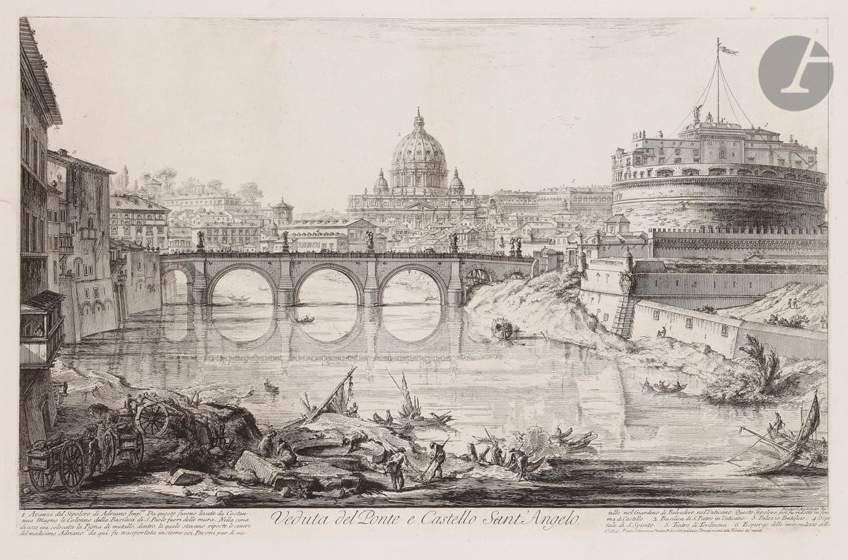 Giambattista Piranesi (1720-1778) 
Veduta del Ponte e Castello Sant’ Angelo. (Vue du pont et du château Saint-Ange). 1754. Eau-forte et burin. 593 x 380 [764 x 540]. Hind 29 (iv/vi). Belle épreuve sur vergé fort, le prix effacé, avant le numéro 52. Numéro de folio 53 à la plume et à l’encre sépia dans l’angle supérieur droit. Pli vertical médian normal, avec petit renfort ancien en pied au verso. Bord gauche irrégulier, légèrement déchiqueté, avec petits trous d’onglets de reliure. Grandes marges. 1er tirage parisien.