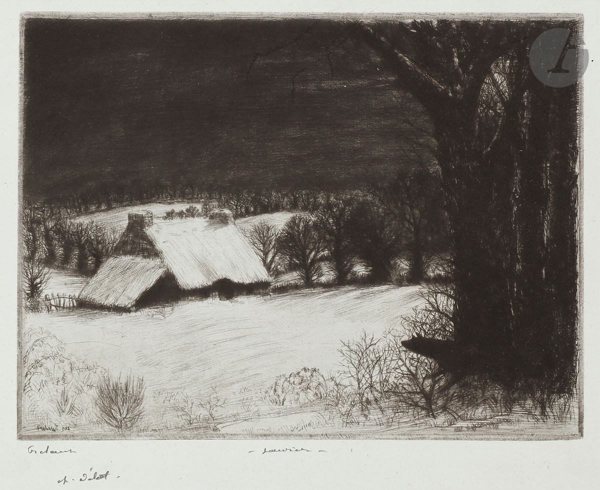 Jean Frélaut (1879-1954) 
Janvier, ou Nuit d’hiver. 1932. Pointe sèche. 200 x 150. Frélaut 346. Très belle épreuve sur vergé ancien azuré, signée, titrée et annotée « ep. d’état » au crayon. Petits trous anciens de reliure (normaux) au bord gauche. Toutes marges.