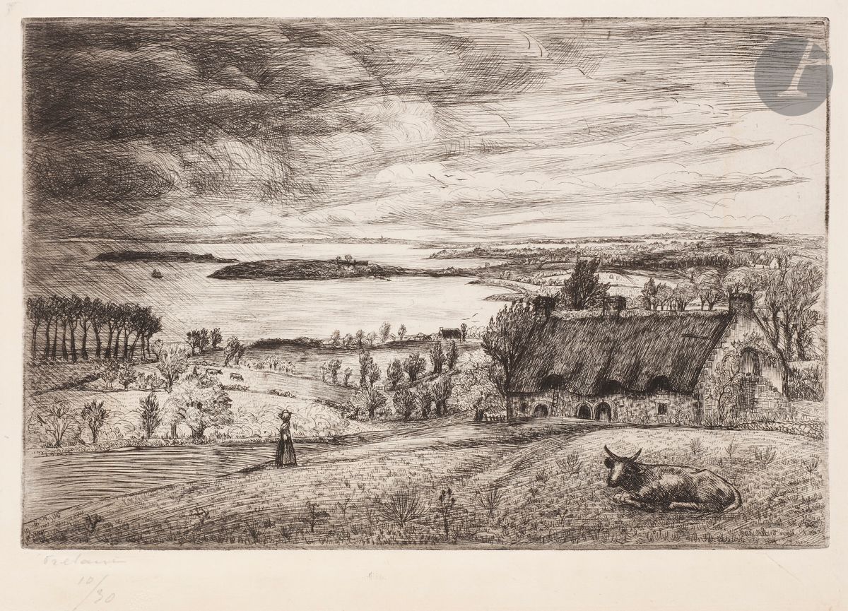 Jean Frélaut (1879-1954) 
Paysage de l’Île aux Moines. 1913. Eau-forte et pointe sèche. 301 x 200. Delteil 129. Très belle épreuve sur vergé ancien mince, signée et numérotée au crayon. Légère oxydation aux bords du feuillet. Toutes marges. Tirage à 30 épreuves. Timbre sec : Ed. Sagot éditeur, Paris (Lugt 2254).