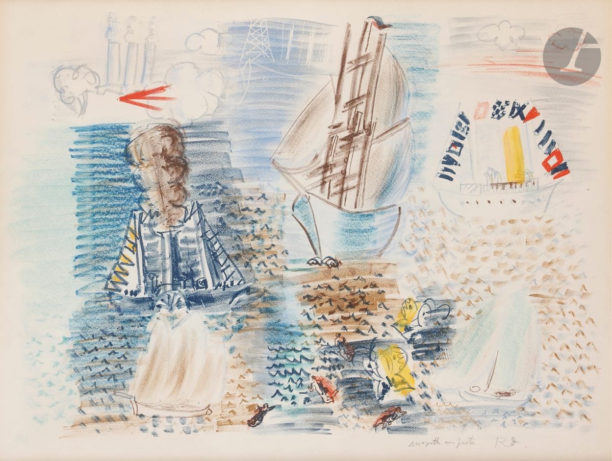 Raoul Dufy (1877-1953) 
Fête navale. 1921. Lithographie. À vue : 520 x 385. I.F.F. 23. Très belle épreuve d’essai sur vélin d’une partie des pierres de couleurs (bleu, brun, rouge), largement rehaussée au pastel, aux crayons de couleurs et à l’aquarelle en vue de l’établissement des pierres de couleurs définitives, annotée « maquette au paste[l] » et signée des initiales. Oxydation aux bords du feuillet. Marges. Tirage définitif à 33 épreuves. Cadre (au verso dans une découpe du fond de cadre, certificat manuscrit d’André Robert daté de 1957).