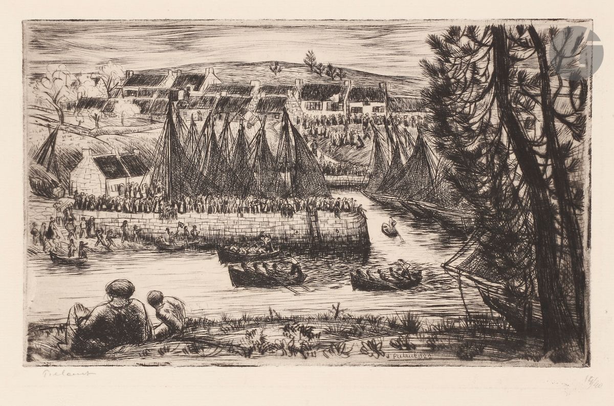 Jean Frélaut (1879-1954) 
Les Régates du Bono. 1922. Eau-forte et pointe sèche. 270 x 165. Delteil 215. Très belle épreuve sur vergé mince ivoire, signée et numérotée au crayon. Toutes marges. Tirage à 40 épreuves.