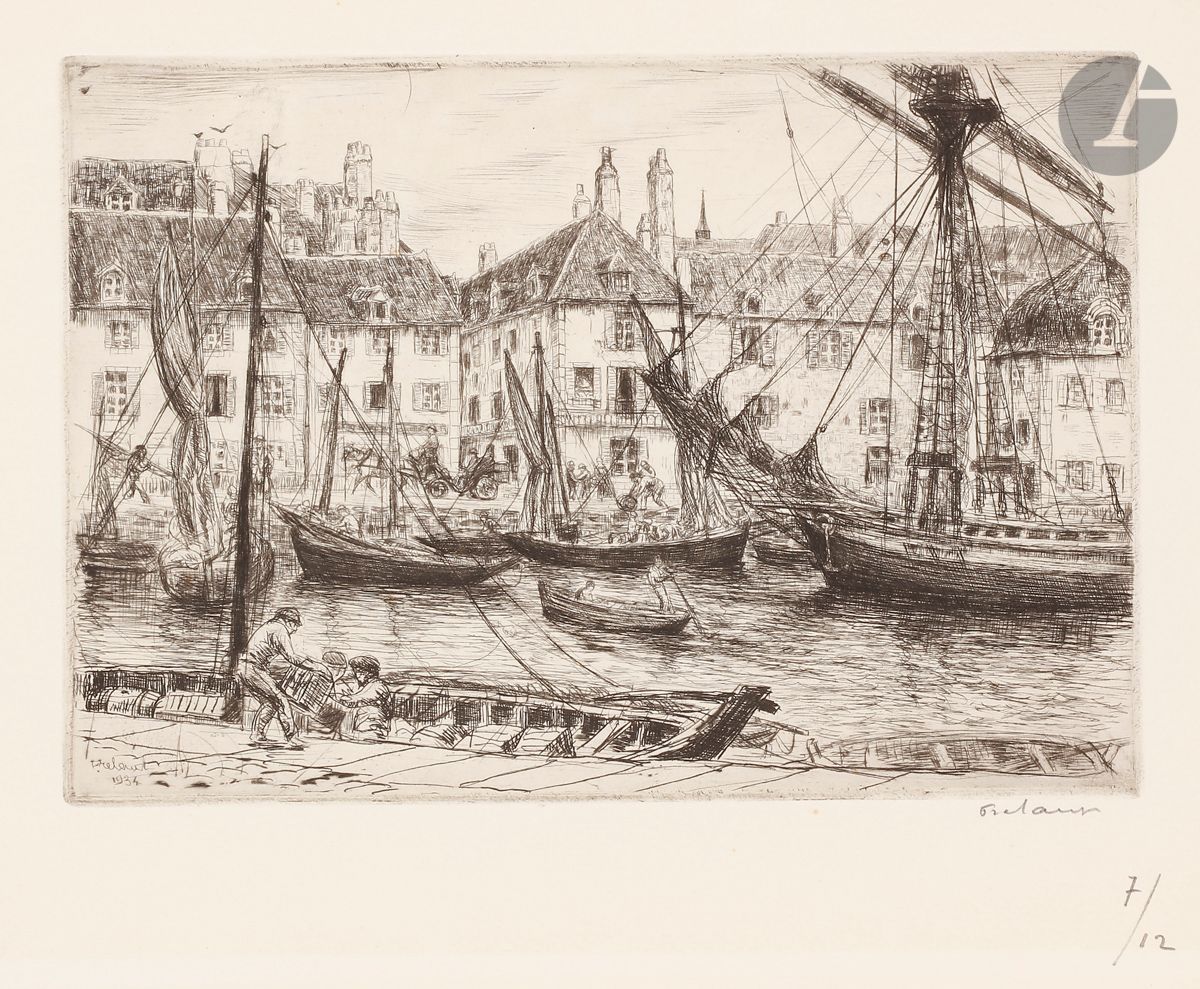 Jean Frélaut (1879-1954) 
Port de Vannes. (Pl. de la série des Ports de Bretagne). 1934. Pointe sèche. 195 x 137. Frélaut 444. Belle épreuve sur vélin blanc mince, signée et numérotée au crayon. Trace claire d’oxydation à l’ouverture d’un ancien montage. Toutes marges. Tirage à 12 épreuves.