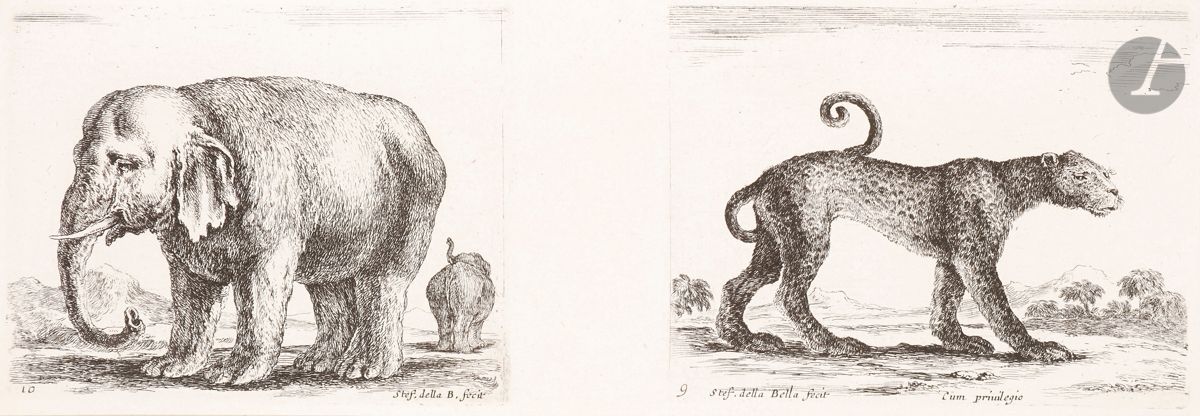 Stefano della Bella (1610-1664) 
Sujets divers. Un album in-4 [240 x 305] relié, contenant 194 pl. de diverses suites (souvent incomplètes). Eau-forte. Formats divers. Épreuves rognées au coup de planche ou découpées (deux tirées ensemble), collées à plusieurs sujets sur chaque feuille. Accidents, rousseurs et salissures diverses. 

Contient notamment : 

-Caractères des passions, gravés sur les desseins de l’Illustre Monsr Le Brun (1 titre et 19 pl.) 

-I principi del disegno (22 pl. sur 25)
-Recueil de quarante griffonnements (40 pl., complet)
-Diversi animali… (titre + 24 pl., complet)
-Raccolta di vasi diversi (6 pl., complet)
-Ornamenti di fregi e fogliani (16 pl., complet)
-Livre d’ornemens, propre pour les Batimens, ou autres ouvrages de sculpture (6 pl.)
-Nouvelles inventions de cartouches (6 pl. sur 12)
-Ornamenti o Grottesche (12 pl.)
-Varie figure (5 pl. sur 8)
-Sujets de marines (6 pl. sur 8).