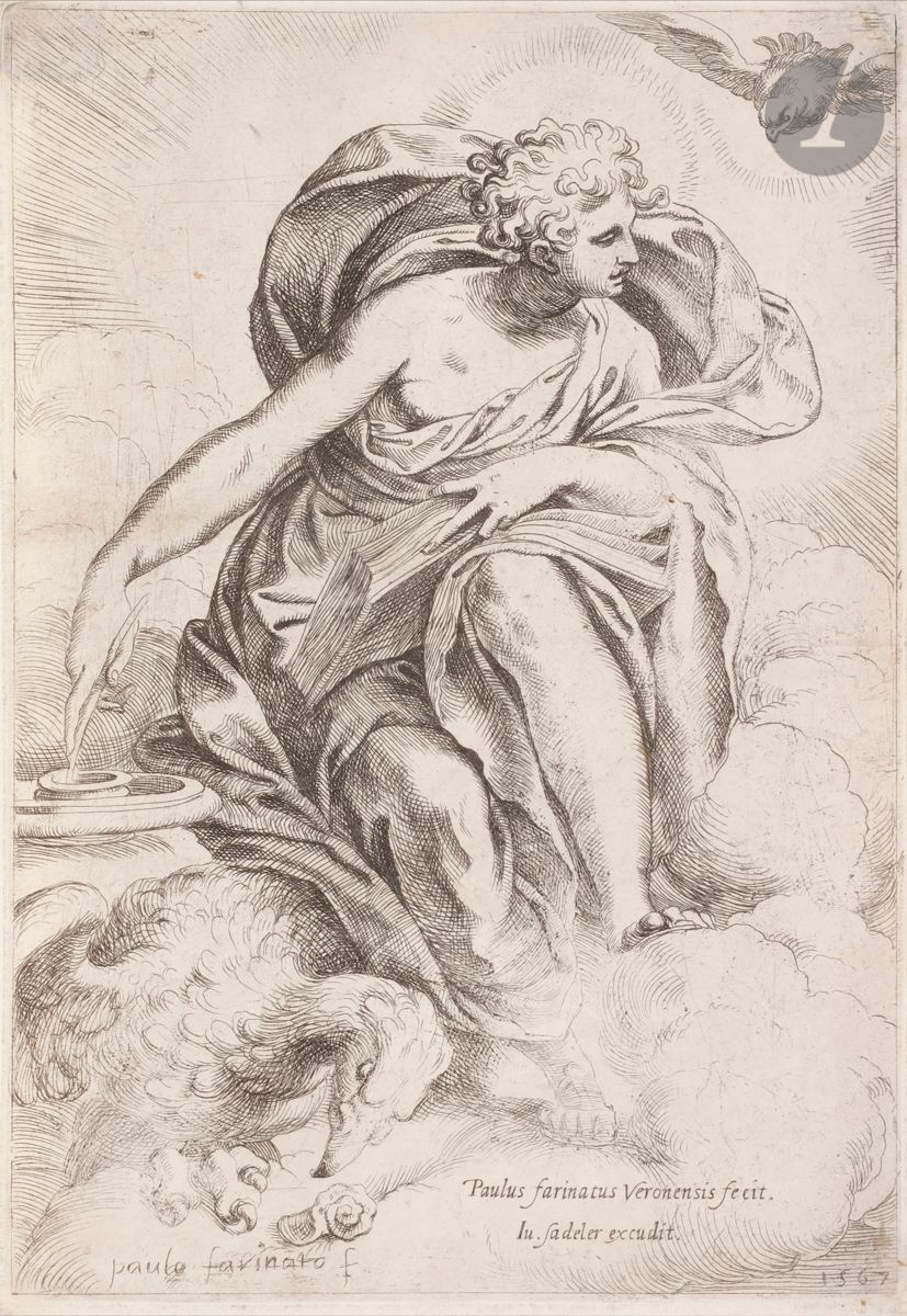 Paolo Farinati (1524-1606) 
Saint Jean l’Évangéliste. 1567. Eau-forte. 187 x 280. Bartsch 3 ; Pinacothèque de Bologne 203. Très belle épreuve sur vergé. Petites amincissures et restes d’anciens onglets aux bords du feuillet au verso. Filets de marges. Au verso, paraphe d’A. Faure à la plume et à l’encre sépia (Lugt 115).