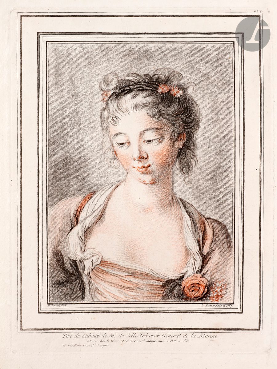 Louis-Marin Bonnet (1736 ou 1743-1793)
Buste de jeune fille, ou Première tête. 1767. Gravure en manière de crayon d’après Boucher. 230 x 308. Herold 9 ; P. Jean-Richard 339. Impression en couleurs. Très belle épreuve sur vergé blanc, de l’état définitif, tirée à deux planches (noir et rouge), l’adresse de Bonnet ajoutée à celle de la Veuve Chéreau, soigneusement lavée. Légères épidermures perceptibles aux bords du feuillet au verso. Bonnes marges.