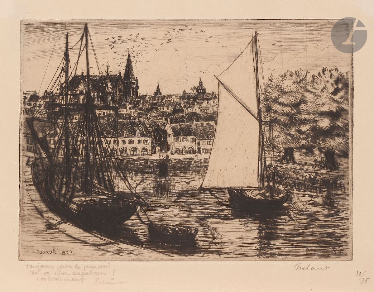 Jean Frélaut (1879-1954) 
Le Port de Vannes. 1922. Eau-forte et pointe sèche. 180 x 130. Delteil 217. Très belle épreuve sur vélin mince beige, dédicacée au crayon sur trois lignes : « Toujours pour le pinard / de ce cher cazaban !... », signée et numérotée au crayon. Toutes marges.