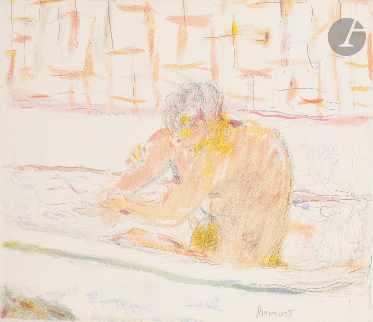 Pierre Bonnard (1867-1947) 
Femme assise dans sa baignoire. Illustration pour le fascicule-programme de la « Grande Soirée Maurice Chevalier » du vendredi 14 août 1942 aux Ambassadeurs à Cannes. 1942. Lithographie. [325 x 250]. Bouvet 115. Impression en couleurs. Très belle et fraîche épreuve sur vélin fort crème, de la couverture seule (sans le fascicule).