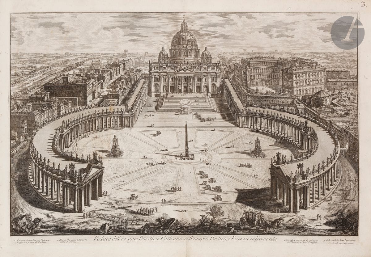 Giambattista Piranesi (1720-1778) 
Veduta dell' insigne Basilica Vaticana coll' ampio Portico, in adjacent Piazza. (St. Peter's Square as the crow flies). 1748. Etching and burin. 708 x 475 [765 x 540]. Hind 120 (i/iii). Nice proof on strong laid paper, before number 2. Folio number 3 in pen and sepia ink in the upper right corner. Normal median vertical fold, fractured at foot for 10 cm, with old restoration on verso. Left edge irregular, slightly ragged, with small binding tab holes. Good margins. 1st Parisian edition.
