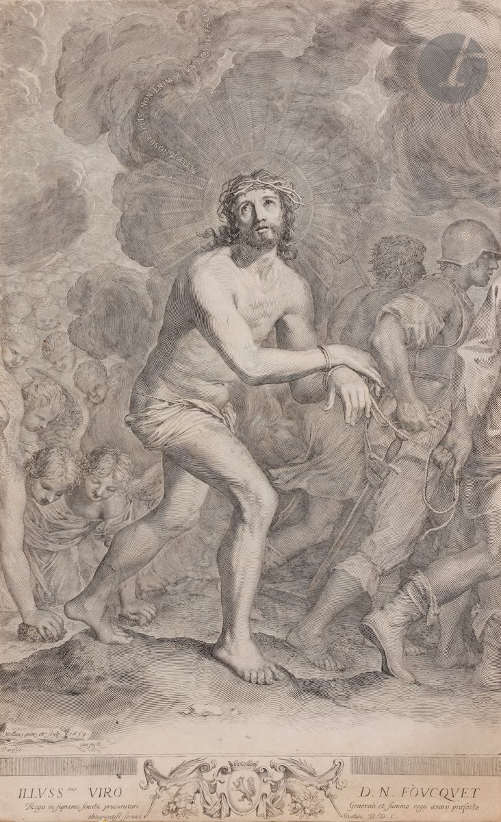 Claude Mellan (1598-1688) 
La Montée au Calvaire. 1659. Burin. 302 x 492. Préaud 20. Belle épreuve sur vergé filigrané (croix de Malte et fleur de lys), rognée sur le coup de planche. Légère oxydation du feuillet. Fins plis de tirage visibles au verso. Quelques trous de vers à gauche. Un trou de punaise avec petite déchirure dans l’angle supérieur gauche.