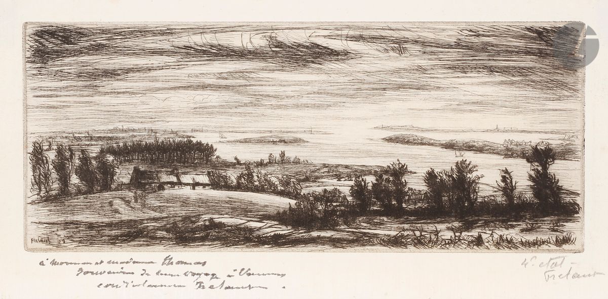 Jean Frélaut (1879-1954) 
Baie de Kerdelan. 1928. Pointe sèche et burin. 220 x 90. Frélaut 305. Très belle épreuve sur vergé ancien mince, dédicacée sur trois lignes à la plume et à l’encre : « à Madame et Monsieur Thomas / souvenir de beau voyage à Vannes… », annotée « 4e état » et signée au crayon. Toutes marges.