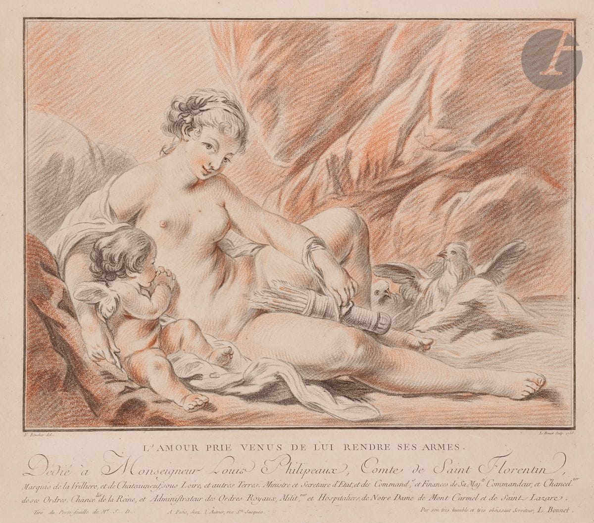 Louis-Marin Bonnet (1736 ou 1743-1793)
L’Amour prie Vénus de lui rendre ses armes. 1768. Gravure en manière de crayon d’après Boucher. 410 x 360. Herold 17 ; P. Jean-Richard 346. Impression en couleurs. Très belle épreuve sur vergé fort ivoire, de l’état définitif, tirée à deux planches (noir et rouge), à l’adresse de la rue Saint-Jacques. Trace claire d’oxydation à l’ouverture d’un ancien passe-partout. Petites auréoles d’humidité et fine bande rousse en marge inférieure vers la droite. Quelques points de rouille. Belles marges. Ex-coll. Cabinet des Estampes du Musée Grand-ducal, Schwerin (Lugt 2273).