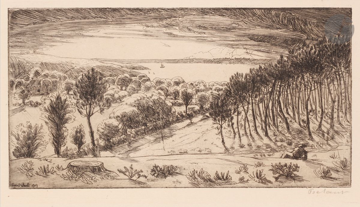 Jean Frélaut (1879-1954) 
La Rade, ou Baie de Locmariaquer. 1913. Eau-forte. 246 x 130. Delteil 141. Très belle épreuve sur vergé ivoire, signée au crayon. Infime oxydation à l’ouverture d’un ancien montage. Toutes marges. Tirage à 35 épreuves. Timbre sec : Ed. Sagot éditeur, Paris (Lugt 2254).
