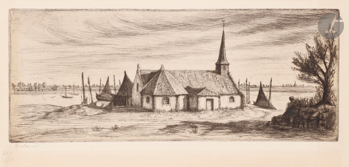 Jean Frélaut (1879-1954) 
Chapelle de Penerf (Morbihan). 1928. Pointe sèche. 320 x 129. Frélaut 310. Très belle épreuve sur vergé, oxydée dans les marges, numérotée et signée au crayon. Toutes marges. Tirage à 70 épreuves. Timbre sec : Ed. Sagot éditeur, Paris (Lugt 2254).