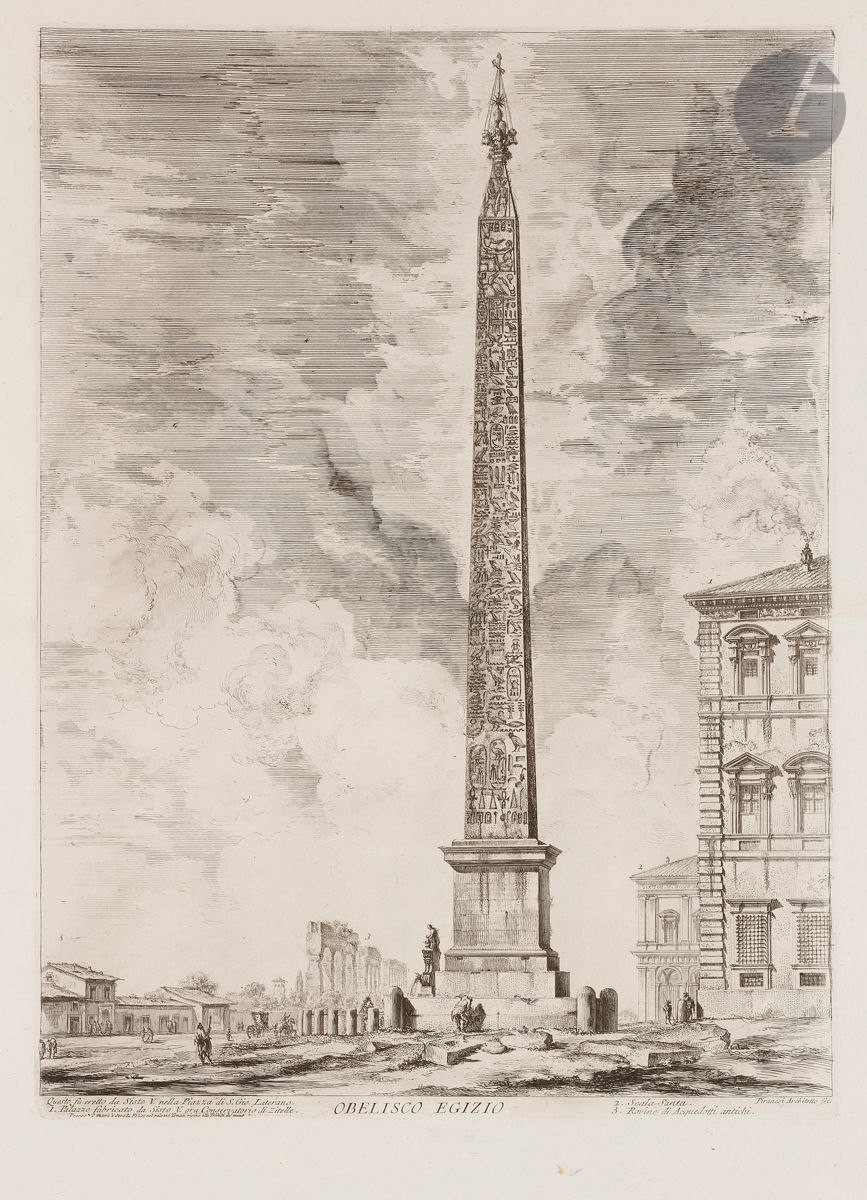 Giambattista Piranesi (1720-1778) 
Obelisco egizio. (Obélisque, place Saint-Jean de Latran). 1759. Eau-forte et burin. 405 x 545 [540 x 770]. Hind 53 (iii/v). Belle épreuve sur vergé fort, le prix effacé, avant le numéro 12. Numéro de folio 12 à la plume et à l’encre sépia dans l’angle inférieur droit. Pli horizontal médian normal. Arrachement dans l’angle inférieur droit. Bord supérieur irrégulier, légèrement déchiqueté, avec petits trous d’onglets de reliure. Grandes marges. 1er tirage parisien.
