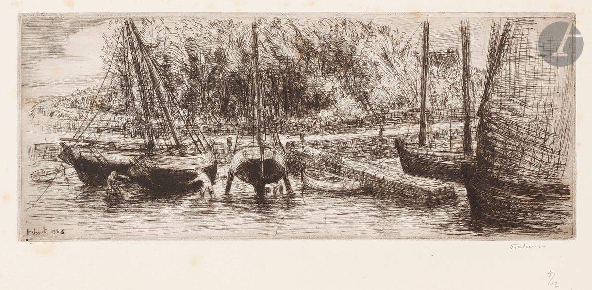 Jean Frélaut (1879-1954) 
Larmor, Port Lagaden. (Pl. de la série des Ports de Bretagne). 1936. Pointe sèche. 245 x 100. Frélaut 449. Belle épreuve sur vélin blanc mince, signée et numérotée au crayon. Rousseurs claires éparses, essentiellement hors du sujet. Toutes marges. Tirage à 12 épreuves.