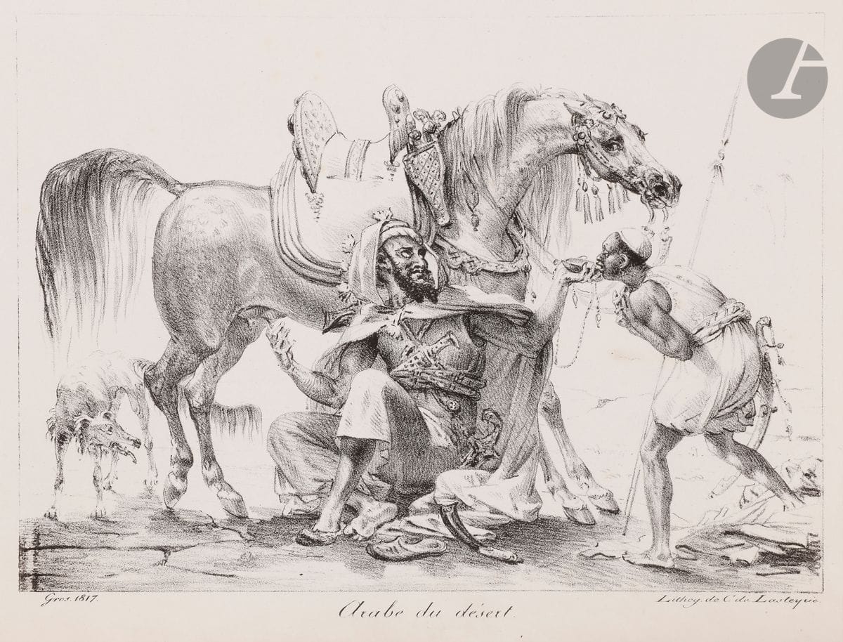 Antoine-Jean, baron Gros (1771-1835) 
Desert Arab. 1817. Lithograph. 260 x 185. Beraldi, I.F.F. 2. A very nice proof on vellum. Short tears and folds associated with the mounting tabs at the head. All margins. 

 This is one of only two lithographs by the artist.


