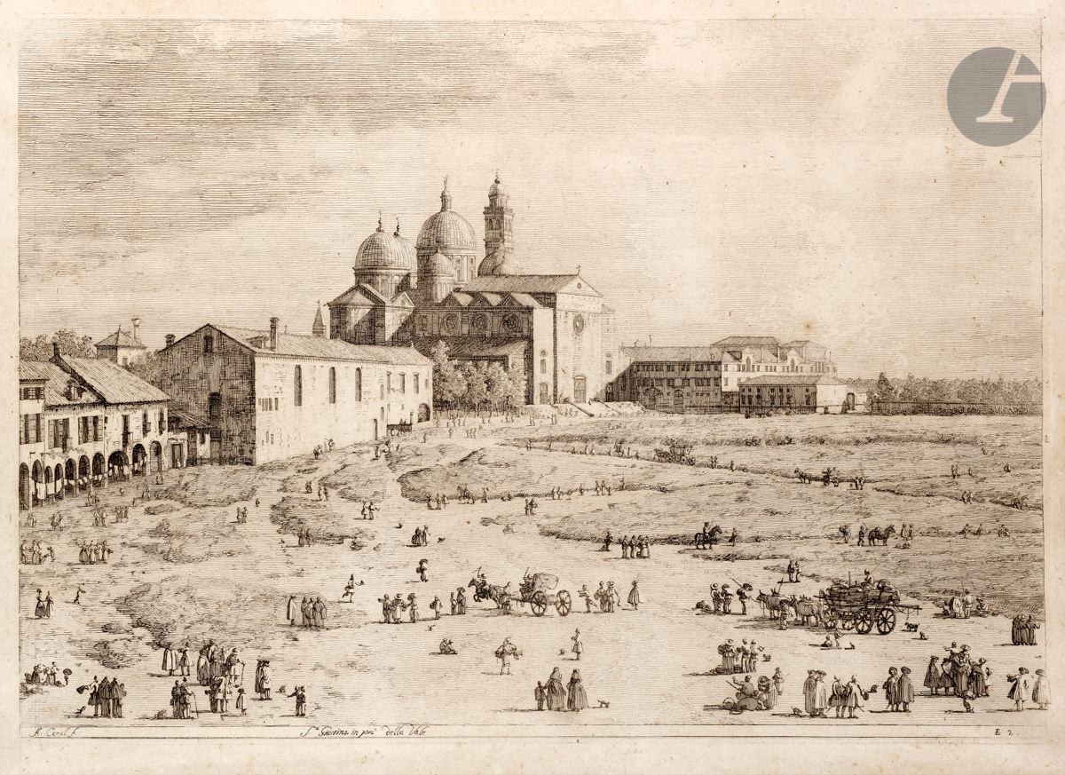 Canaletto
(Giovanni Antonio Canal, known as) (1697-1768) 
S. Giustina in Pra della Valle. About 1744. Etching. 435 x 306. De Vesme 8; Bromberg 7. A good proof on thin laid paper, a little pale, of a late edition, mounted under a mat on the reverse side by means of gummed kraft strips. Very slight foxing. Good margins [485 x 350].

