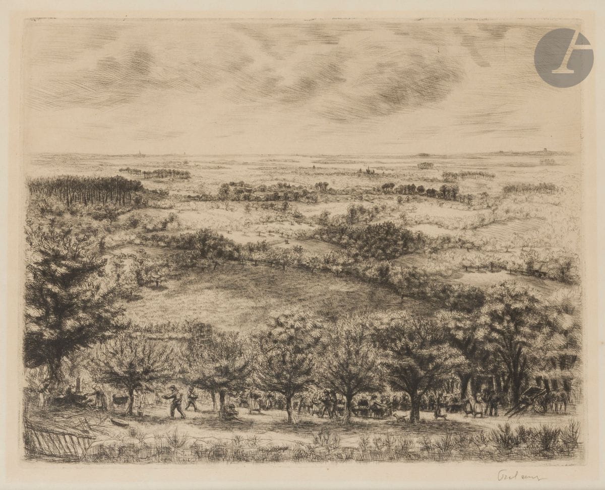 Jean Frélaut (1879-1954) 
Noce dans un grand paysage, ou Noce de campagne. 1933-1936. Eau-forte et pointe sèche. 318 x 250. Frélaut 363. Belle épreuve sur vélin, signée au crayon. Trace claire à l’ouverture d’un ancien passe-partout. Marges. Tirage définitif à 20 épreuves. Cadre.