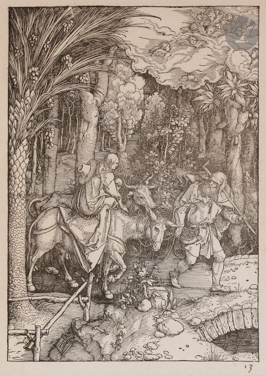 Albrecht Dürer (1471-1528) 
La Fuite en Égypte. (Pl. de la Vie de la Vierge). Vers 1503. Gravure sur bois. 211 x 301 [265 x 362]. Bartsch 89 ; Meder 201 (vraisemblablement II b). Bonne épreuve un peu grise, sans texte au verso, l’accident formant tache blanche dans les palmes encore visible, avec cinq infimes cassures dans le trait carré inférieur, partiellement collée par le bord gauche sur fond de cadre. Chiffre 13 à la plume et à l’encre sépia sous le sujet à droite. Fine bande de kraft gommé sur le pourtour au recto, avec petites traces d’oxydation correspondantes. Légère oxydation marginale. Court et fin pli cassé vertical à droite de la salamandre en pied. Filigrane : mitre surmontée d’une croix (Meder 28). Ex-coll. Graf F. J. von Enzenberg (Lugt 845) et W. Bell Scott (Lugt 2607).
 Provenance :
Succession Pierre Hautot