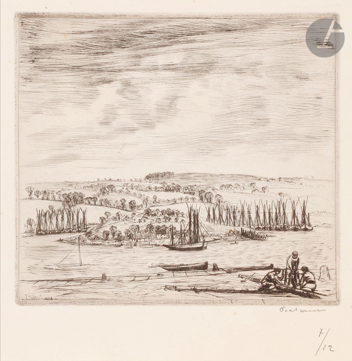 Jean Frélaut (1879-1954) 
Port de Ros Bras, Riec-sur-Bélon. (Pl. de la série des Ports de Bretagne). 1934-1936. Pointe sèche. 162 x 145. Frélaut 439. Très belle épreuve sur vélin ivoire, signée et numérotée au crayon. Toutes marges. Tirage à 12 épreuves.