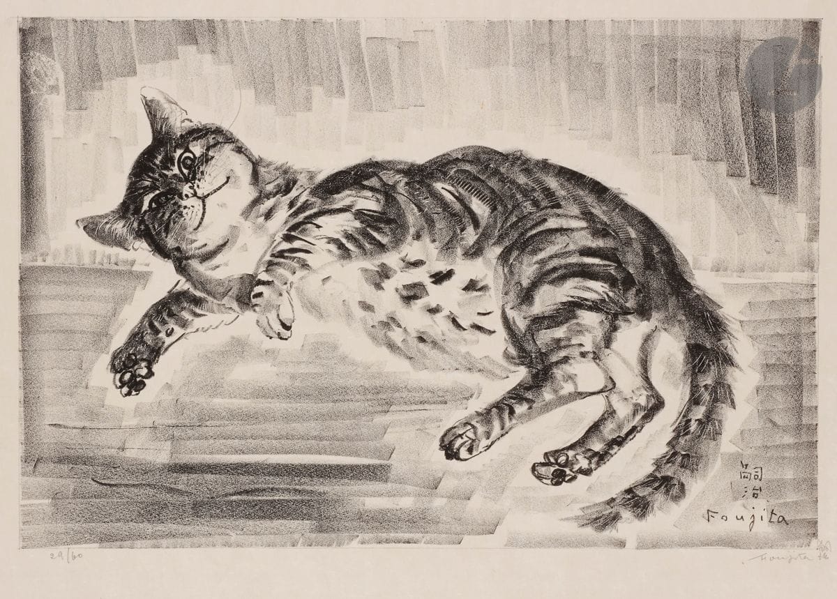 Léonard-Tsuguharu Foujita (1886-1968) 
Chat allongé. 1926. Lithographie. 410 x 266. Buisson 26.103. Très belle épreuve sur japon fort, numérotée et signée (en caractères européens et en idéogrammes) au crayon. Grands chiffres « 881 » au crayon bleu au verso. Fins plis cassés, notamment verticaux dans la marge supérieure et horizontaux en marge gauche. Épidermure au bord gauche au verso. Toutes marges [522 x 394]. Tirage à 60 épreuves.