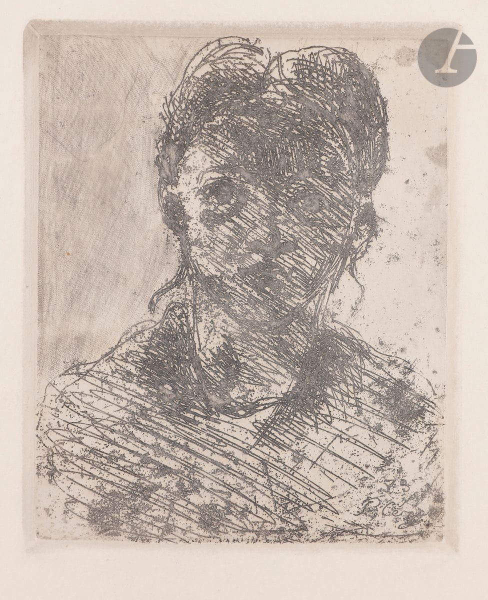 Paul Cézanne (1839-1906) 
Tête de jeune fille. 1873. Eau-forte et roulette. 105 x 128. Cherpin 7. Impression en brun. Belle épreuve tirée avec teinte de fond sur vélin crème fort texturé, les biseaux très apparents, du tirage de 1914 pour l’ouvrage Paul Cézanne d’Ambroise Vollard. Rousseurs claires. Toutes marges. Joint : même sujet. Réunion de 2 épreuves d’essai d’un tirage postérieur, sur vélin ivoire, l’un en gris bleuté, l’autre en noir bistré, cette dernière avec rousseurs claires éparses. Toutes marges. Timbre de la coll. H. M. Petiet (Lugt 5031) à l’une. Ens. 3 p.