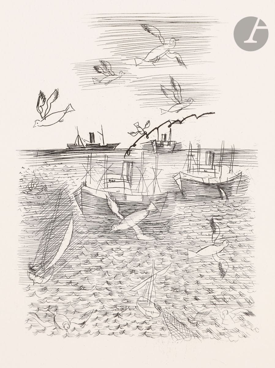 Raoul Dufy (1877-1953) 
Brillat-Savarin (Anthelme). Aphorismes et variétés. Paris, Les Bibliophiles du Palais, 1940. Défets de l’ouvrage contenant 19 pl. (sur 20), dont une ornant le faux-titre. Eau-forte. [245 x 310]. Parfaites épreuves. Toutes marges.