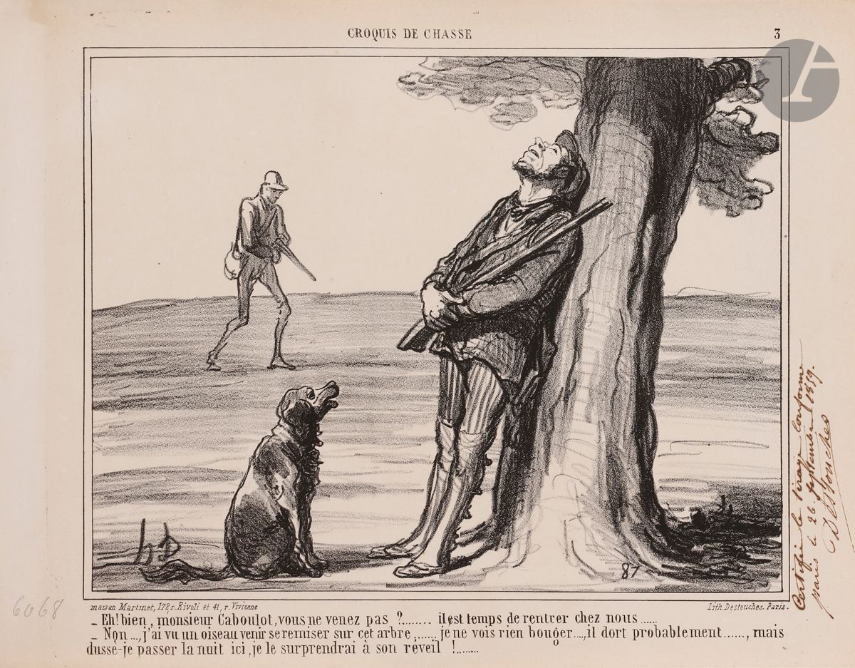 Honoré Daumier (1808-1879) 
Croquis de chasse (pl. 2 à 5). 1859. Lithographie. Chaque [360 x 270]. Delteil 3212 à 3215. Très belles épreuves sur vélin mince, revêtues du certificat de tirage à la plume et à l’encre sépia, daté et signé par Destouches. Léger empoussiérage aux bords des feuillets. Toutes marges. Ens. 4 p.