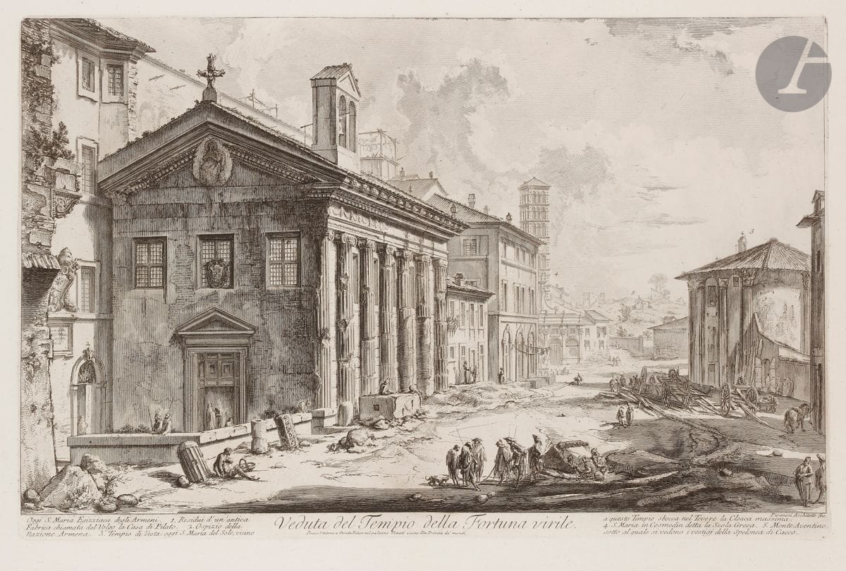 Giambattista Piranesi (1720-1778) 
Veduta del Tempio della Fortuna virile (today: Church of Santa Maria Egiziaca). 1758. Etching and burin. 590 x 378 [770 x 540]. Hind 46 (v/vii). Very fine proof on strong laid paper, the price erased, before number 59. Folio number 60 in pen and sepia ink in the upper right corner. Normal median vertical fold. Small russet stain in lower margin. Left edge irregular, slightly ragged, with small binding tab holes. Wide margins. First Parisian edition.
