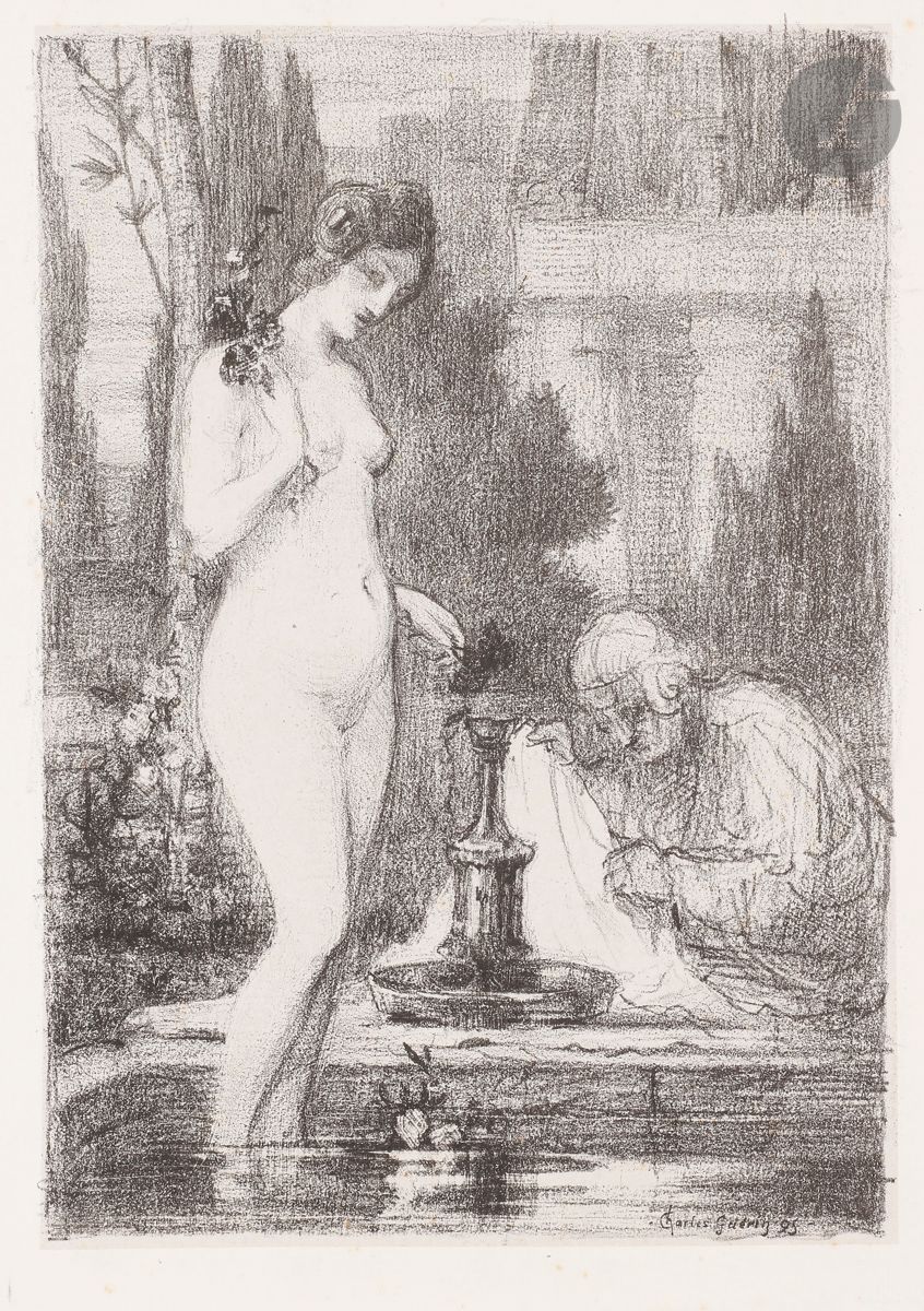 Charles Guérin (1875-1939) 
Suzanne au bain. 1895. Lithographie. 170 x 240. I.F.F. no décrit. Très belle épreuve sur chine appliqué. Rousseurs claires éparses sur le support. Toutes marges.