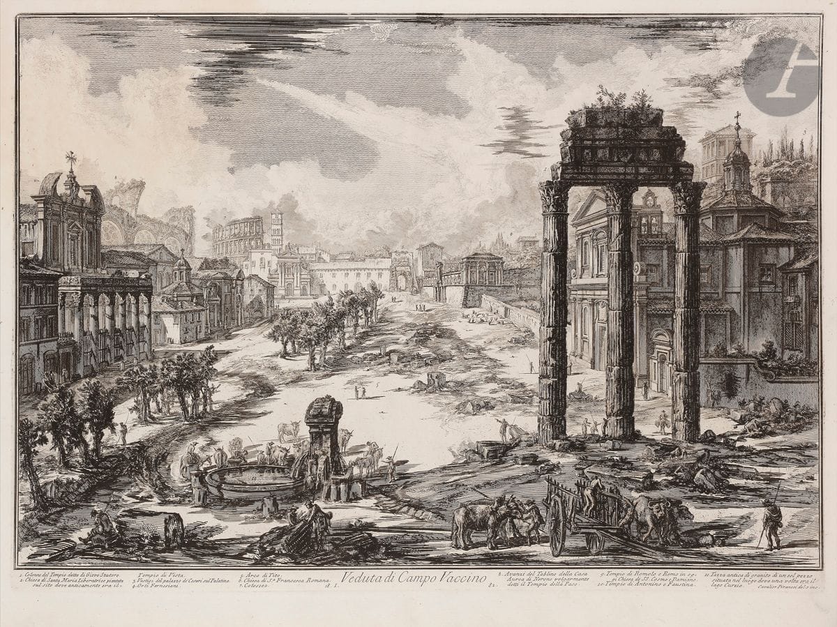 Giambattista Piranesi (1720-1778) 
Veduta di Campo Vaccino (Le Forum Romain). 1772. Eau-forte et burin. 710 x 480 [760 x 550]. Hind 100 (ii/iv). Belle épreuve sur vergé fort, avant le numéro 14. Pli vertical médian normal. Large tache claire roussâtre dans la partie gauche du feuillet. Quelques petites irrégularités dans la pâte à papier (normales) visibles par transparence. Bord gauche irrégulier, légèrement déchiqueté, avec petits trous d’onglets de reliure. Bonnes marges. 1er tirage parisien.