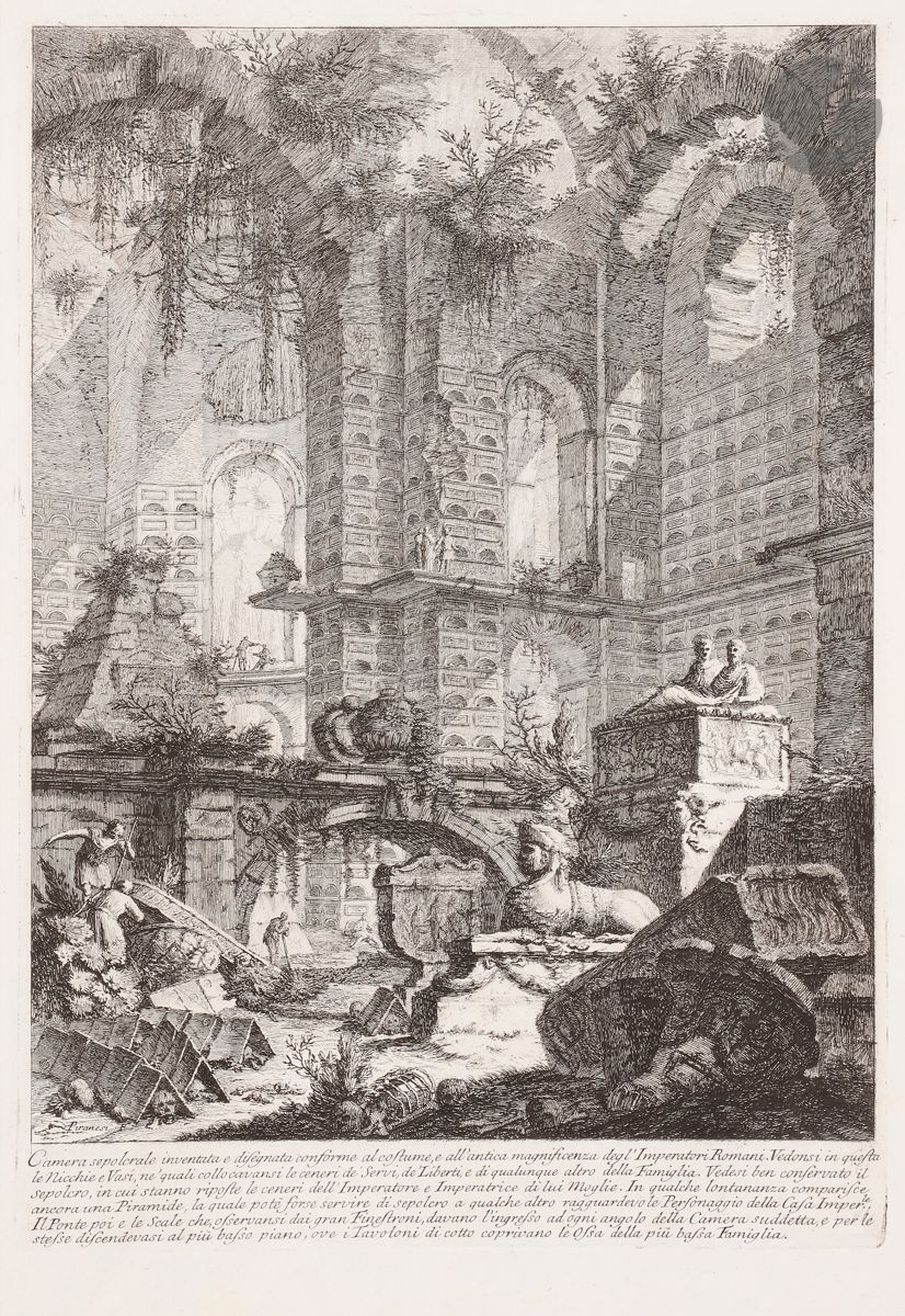 Giambattista Piranesi (1720-1778) 
Camera sepolcrale inventata e disegnata al costume (…) degl’ Imperatori Romani. (Chambre sépulcrale inventée et dessinée (…) à la manière des empereurs romains). (Pl. faisant suite à la série Prima parte…) 1743-1750. Eau-forte. 280 x 400. Focillon 18. Très belle et fraîche épreuve sur vergé. Infime oxydation aux bords du feuillet. Toutes marges.