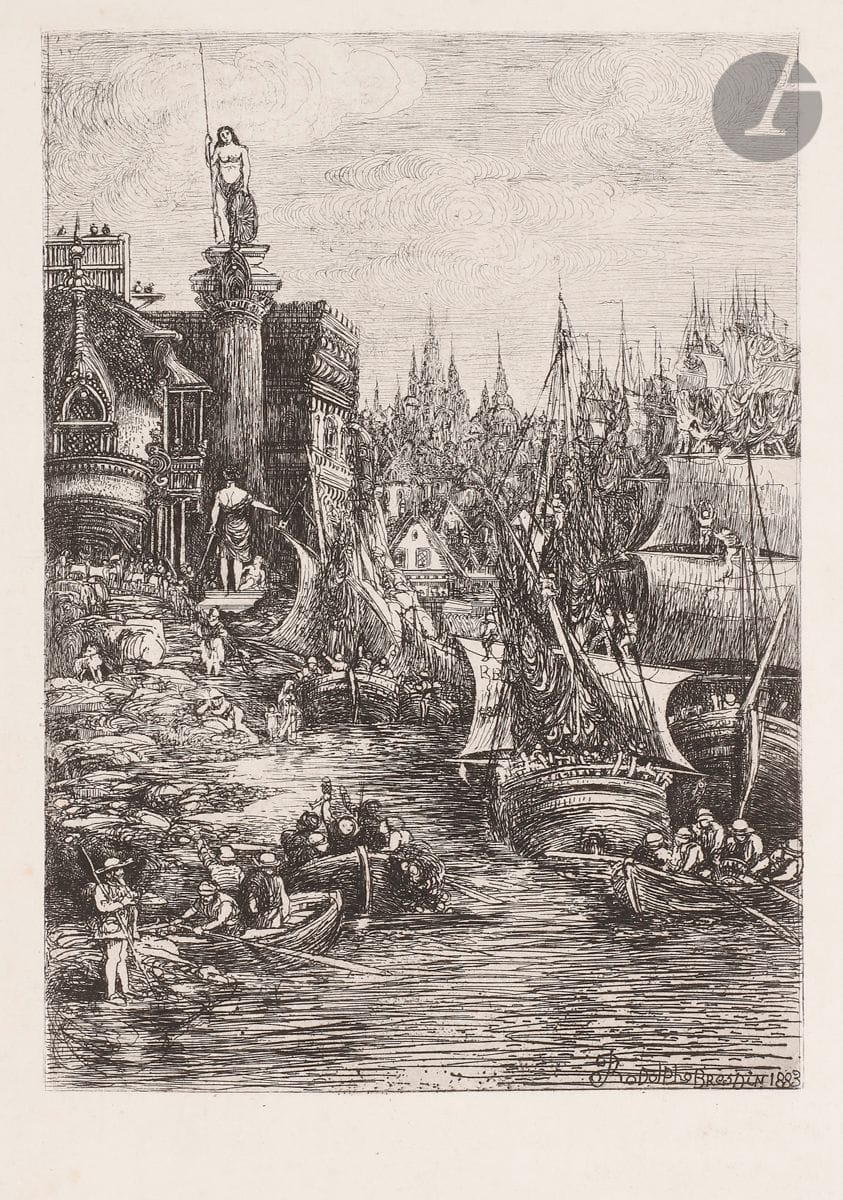 Rodolphe Bresdin (1822-1885) 
Mon rêve. 1883. Eau-forte. 139 x 220. Van Gelder 150. Très belle épreuve du 2e état (sur 3), les angles arrondis, avant la lettre, sur chine appliqué. Courts plis cassés, petites rousseurs et salissures aux bords du feuillet. Toutes marges.