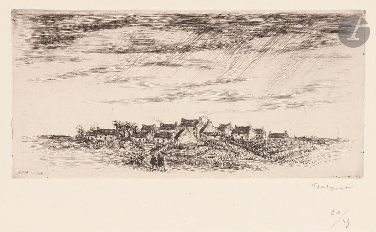 Jean Frélaut (1879-1954) 
Village à Groix. 1946. Pointe sèche. 216 x 100. Frélaut 939. Très belle épreuve sur vélin ivoire, signée et numérotée au crayon. Toutes marges. Tirage à 25 épreuves.