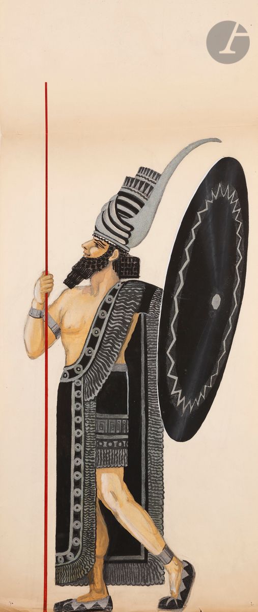 4 z’Arts
Théo Sardnal (1898-1984). L’Entrée de Cyrus dans Babylone. Invitation pour le bal des 4 z’Arts de l’année 1925. Exceptionnel ensemble réunissant une invitation imprimée (sans son talon) ; un grand dessin préparatoire à l’encre de Chine sur calque [362 x 468] ; deux grands dessins attribués à Sardnal (premiers projets ?) sur vélin blanc, gouache et encre argentée sur mine de plomb, l’un [360 x 540], l’autre [835 x 298], replié horizontalement en tête. Menus accidents et usures du temps. Ens. 4 p. 

 Théodose, dit Théo, Sardnal était architecte. Il intégra l’École Nationale des Beaux-Arts en 1921 après plusieurs tentatives. Il fut l’élève d’Auguste Perret et, en 1923, le co-fondateur de l’atelier Perret. Quand il réalisa ce diplôme, il était âgé de 26 ans et encore étudiant. Il collabora plus tard avec Perret à la reconstruction du Havre.