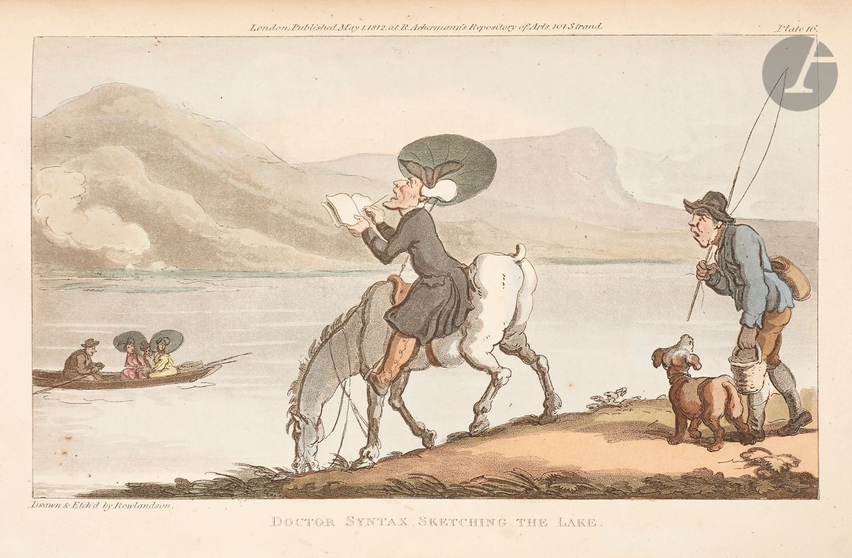 Thomas Rowlandson (1756-1827) 
Combe (William). The Tour of Doctor Syntax, in Search of the Picturesque. A Poem. Londres, R. Ackermann, 1813. 3e édition. Un vol. in-8 orné d’un frontispice, d’un titre orné d’éléments architecturaux formant les trois lettres de « Pic »[turesque] et de 30 gravures. Eau-forte et aquatinte avec rehauts à l’aquarelle. Manques restaurés dans l’angle inférieur gauche et en marge supérieure du frontispice. Rousseurs claires et petites taches. Rel. demi-maroquin à coins (fin XIXe s.), filets dorés, dos à nerfs orné. 

 The Tour of Dr. Syntax in Search of the Picturesque fait le récit humoristique en vers des aventures d’un pasteur et maître d’école rural qui tente de faire fortune en partant en quête du pittoresque de son pays, pour en faire un livre, selon la mode de l’époque. Paru tout d’abord en 1809 sous forme feuilletonnée dans le Poetical Magazine de Rudolph Ackermann sous le titre « The Schoolmaster’s Tour », le texte fut publié en 1812 sous forme de livre en raison de son succès populaire et connut de nombreuses rééditions. Combe écrivit le texte pour mettre en mots les images gravées par Rowlandson – et non l’inverse.