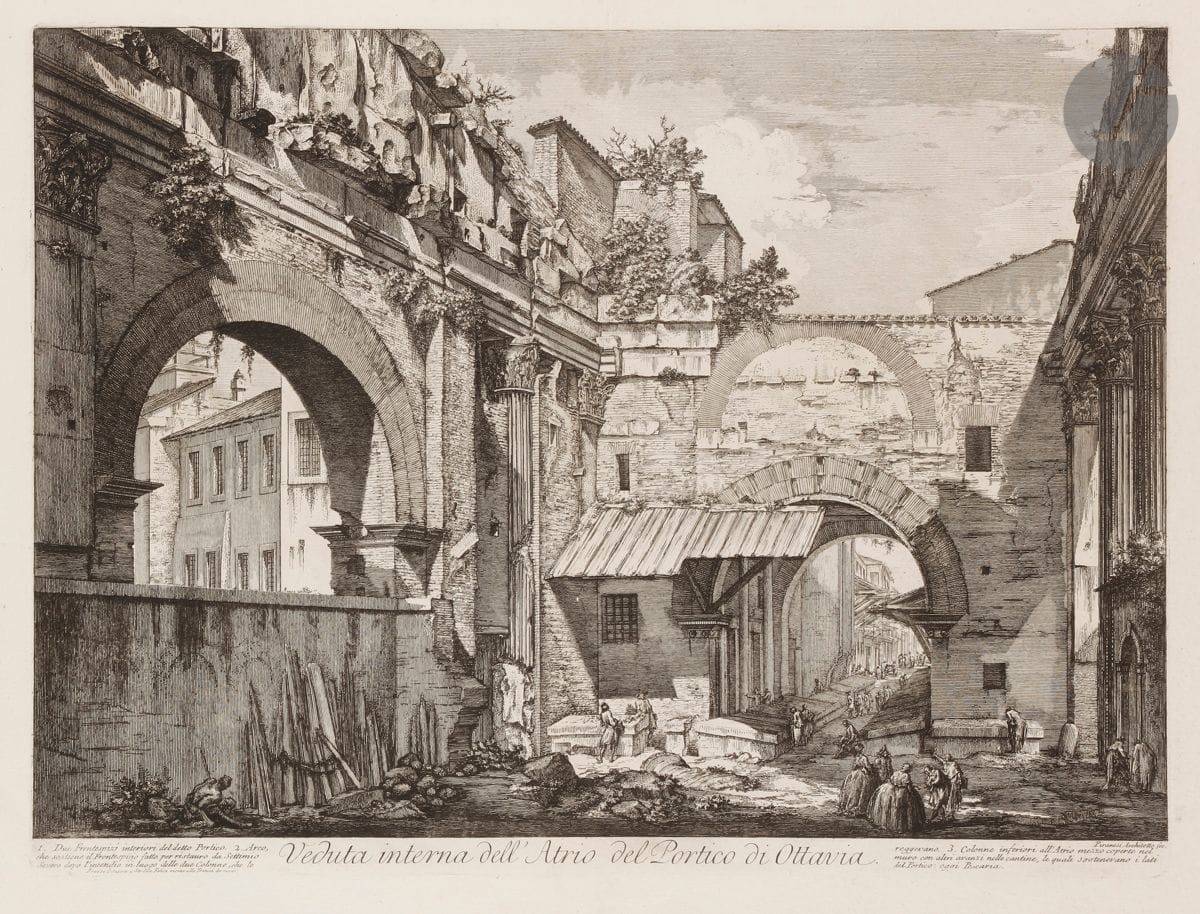 Giambattista Piranesi (1720-1778) 
Veduta interna dell’ Atrio del Portico di Ottavia. (Vue intérieure de l’entrée du portique d’Octavie). 1760. Eau-forte et burin. 547 x 410 [763 x 538]. Hind 59 (iv/vi). Très belle épreuve sur vergé fort, le prix effacé, avant le numéro 68. Numéro de folio 69 à la plume et à l’encre sépia dans l’angle supérieur droit. Pli vertical médian normal. Petites rousseurs claires aux bords du feuillet. Auréoles claires perceptibles au verso. Un court pli de tirage vertical au centre en pied. Bord gauche irrégulier, légèrement déchiqueté, avec petits trous d’onglets de reliure. Grandes marges. 1er tirage parisien.