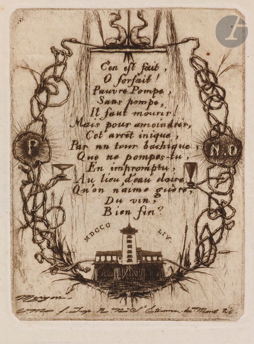 Charles Méryon (1821-1868) 
La Petite Pompe. 1854. Etching. 80 x 108. Delteil 32; Schneiderman 39. Very nice proof printed in black on thin laid paper. Some rare foxing. Pastilles stuck in the corners on the reverse. Good margins. 
 
 This subject was to be used as a cul-de-lampe for the 2nd book of the Eaux-fortes sur Paris.


 