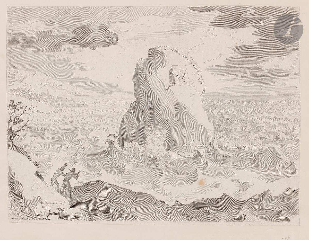 Claude Mellan (1598-1688) 
Allegory against the Pelagian heresy and coat of arms. Burin. 336 x 241. Préaud 263. Beautiful proof on watermarked laid paper (grape within a double circle), trimmed to the plate and window mounted, of the 2nd state (of 3), before replacement of the papal tiara by the arms of the Duchess of Aiguillon and before modification of the arms in the lower left corner of the subject, the word "Haeresis" erased. A large light freckle under the rock.
