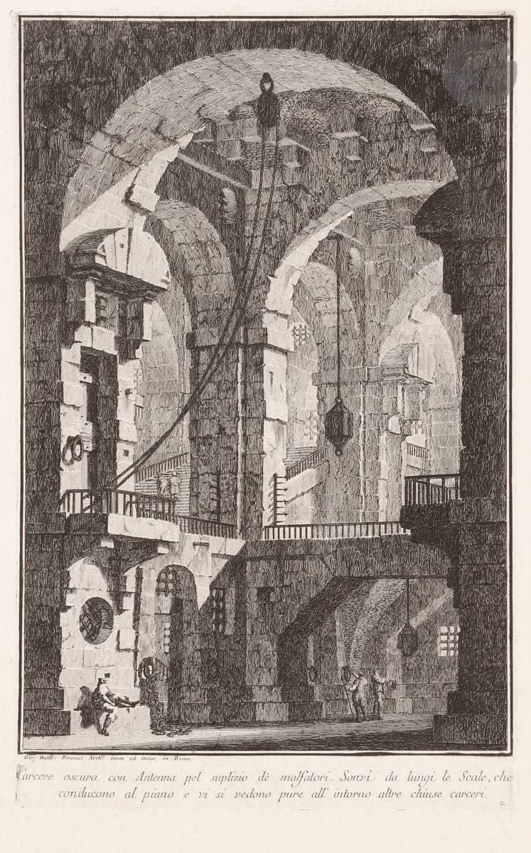 Giambattista Piranesi (1720-1778) 
Carcere oscura con Antena pel suplizio dè malfatori… (Prison obscure avec cour destinée à la punition des malfaiteurs). (Pl. 2 de Prima parte di architetture et prospettive…). 1743-1750. Eau-forte. 240 x 385. Focillon 4. Très belle et fraîche épreuve sur vergé. Infime oxydation aux bords du feuillet. Toutes marges.